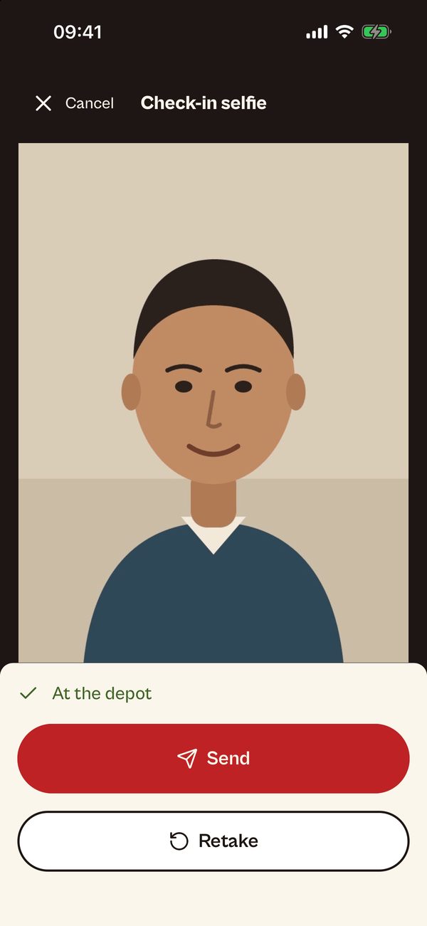 AFRAS staff app: check-in selfie at the depot