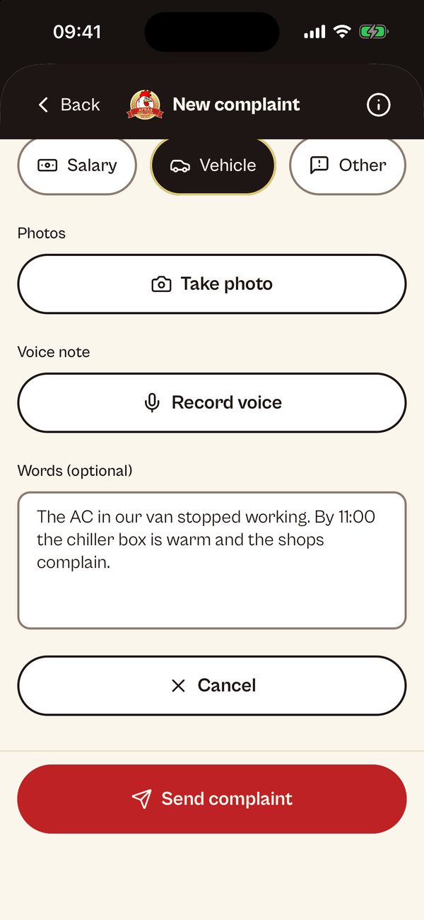 AFRAS staff app: new complaint with photo and voice note