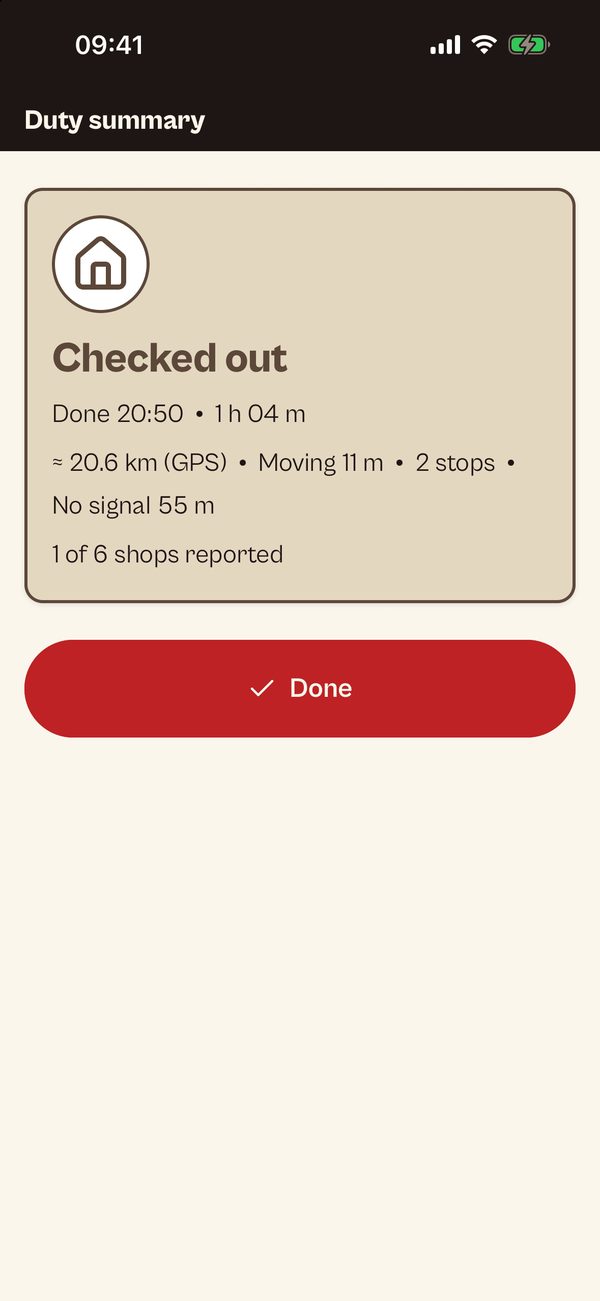 AFRAS staff app: duty summary after check-out