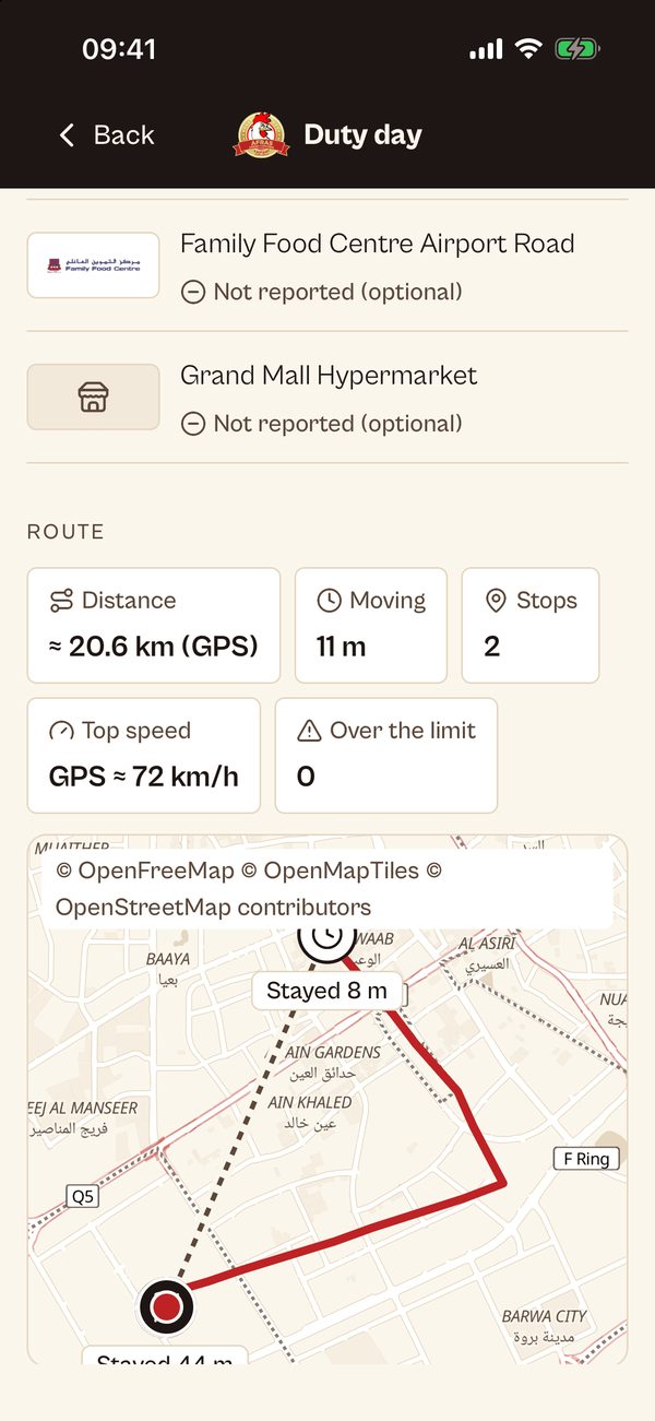 AFRAS staff app: the day's route and distance by GPS
