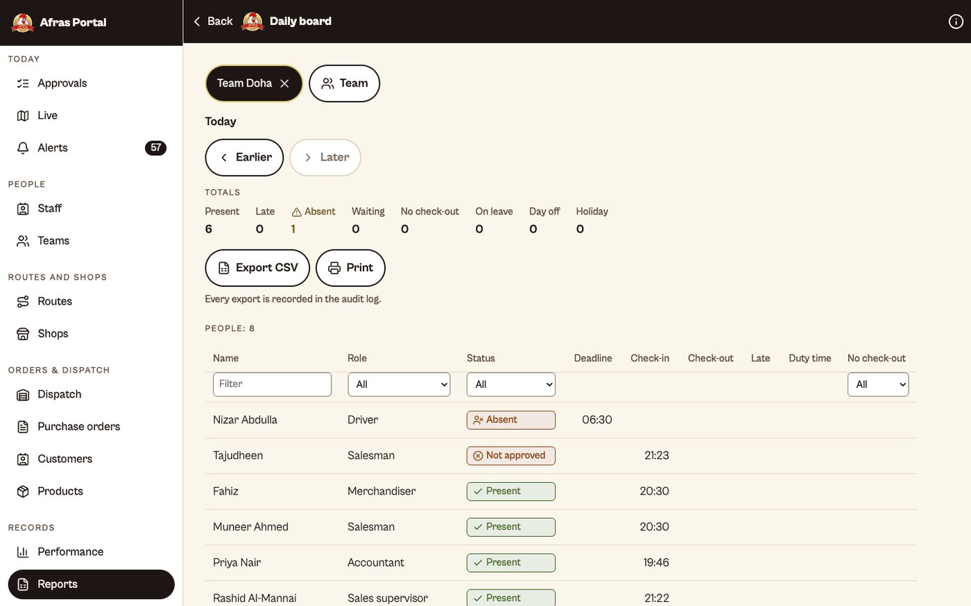 AFRAS manager portal: daily attendance board with CSV export
