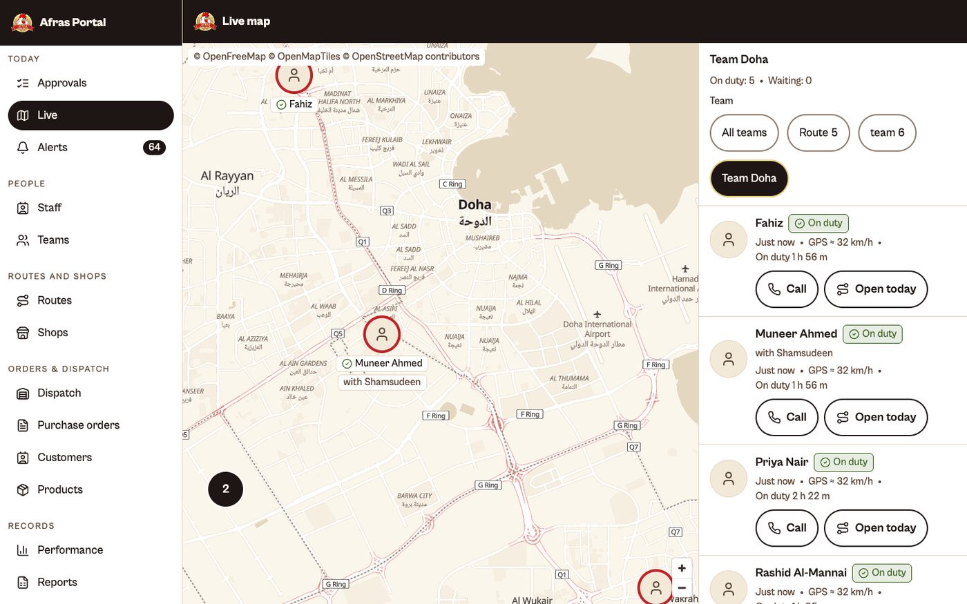 AFRAS manager portal: live map with the team list