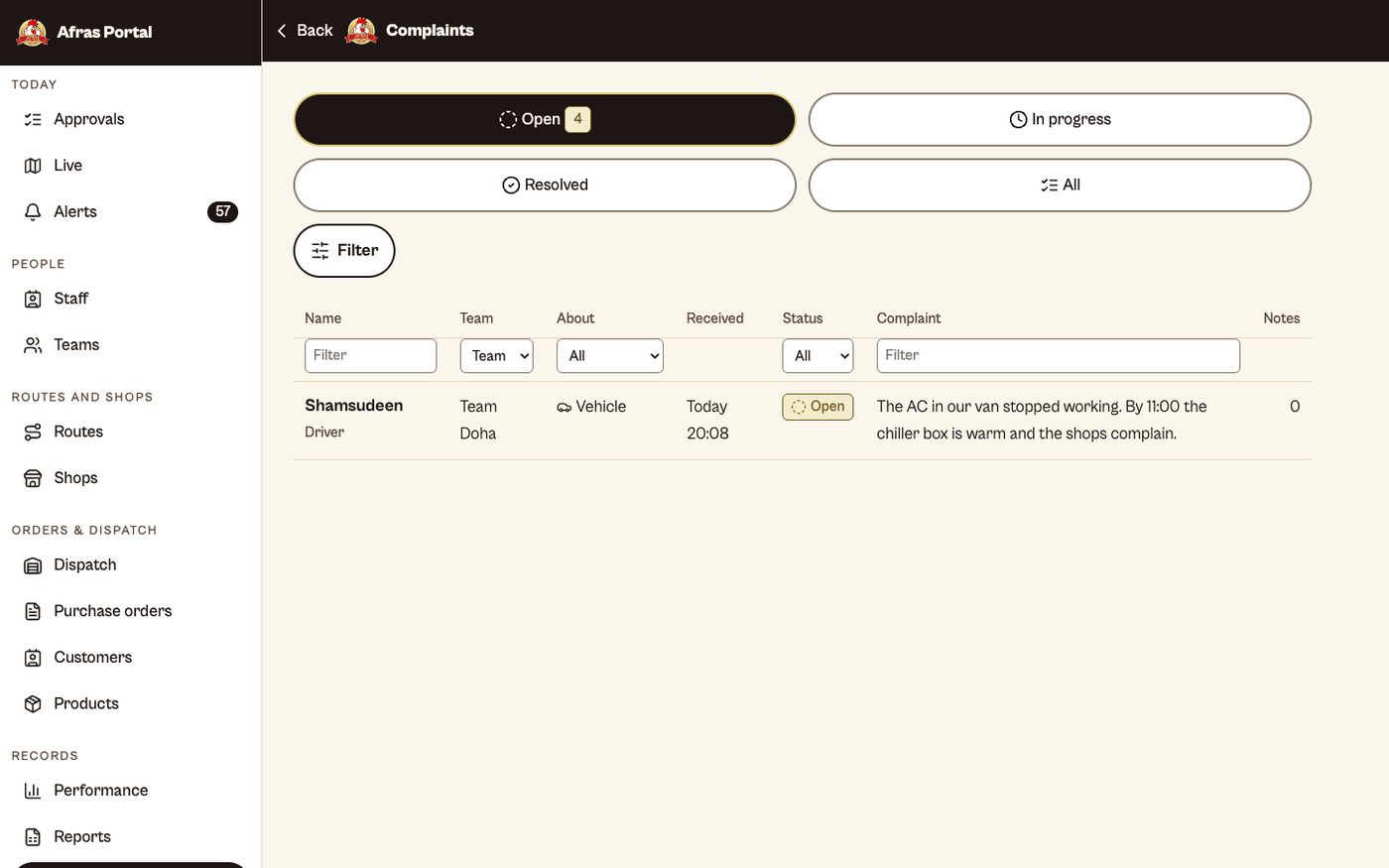 AFRAS manager portal: open complaints